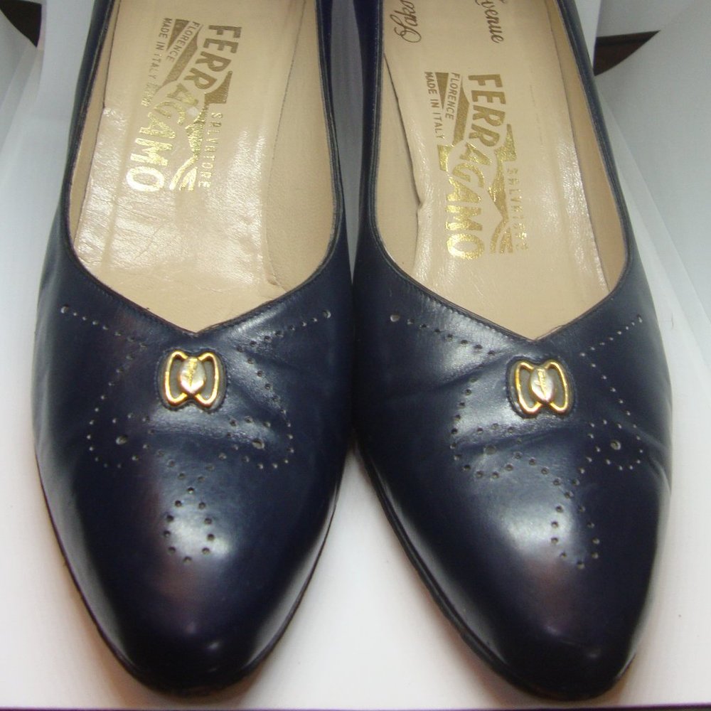 Salvatore Ferragamo Navy Leather Heels, 9.5 AA